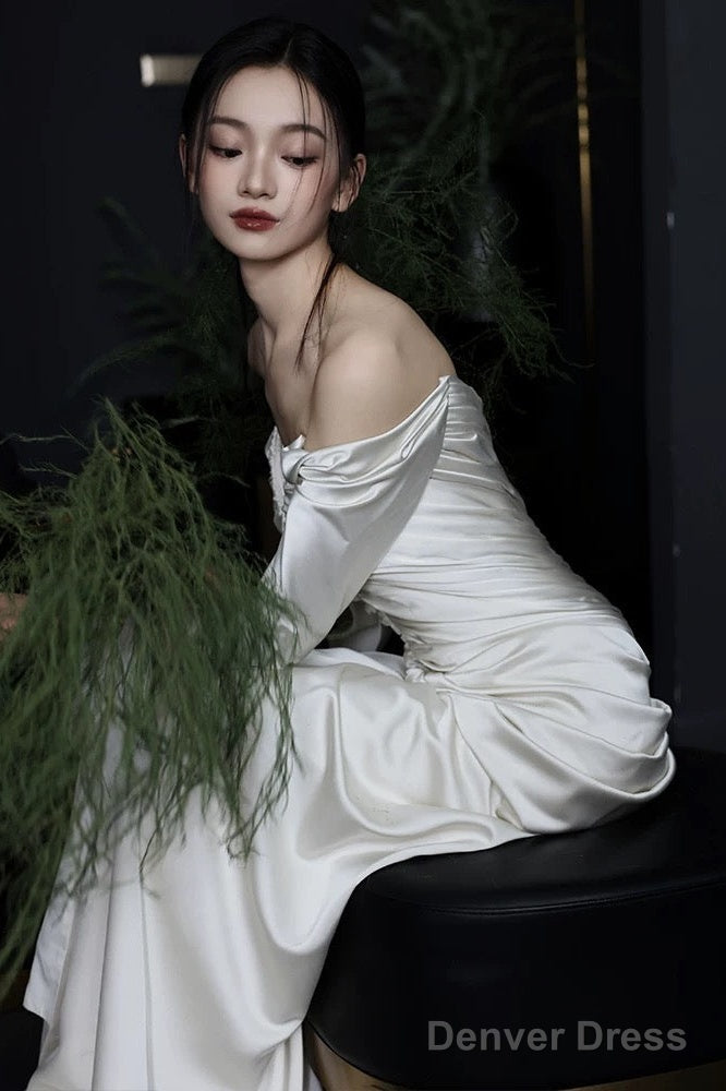 Unique Mermaid Off The Shoulder Pleats Long Sleeves Satin Wedding Dresses