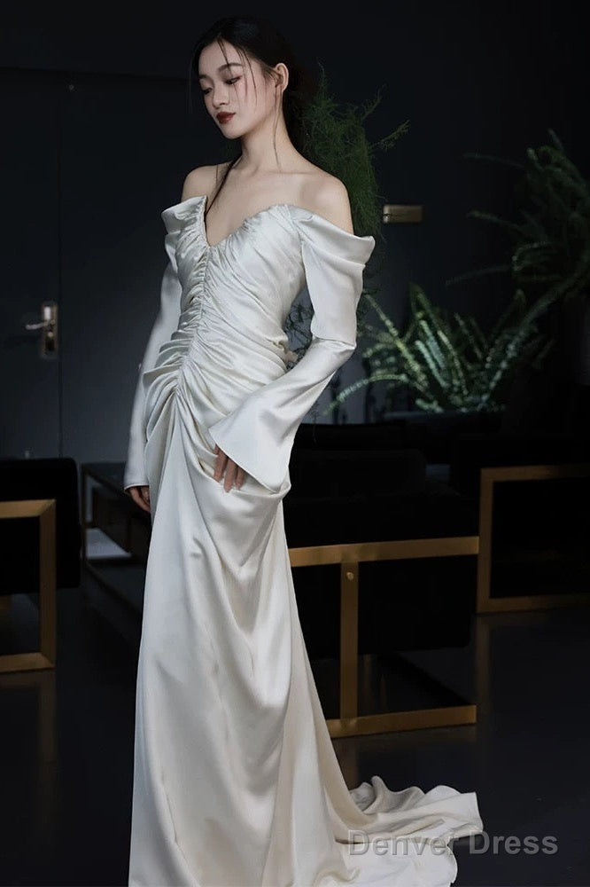 Unique Mermaid Off The Shoulder Pleats Long Sleeves Satin Wedding Dresses