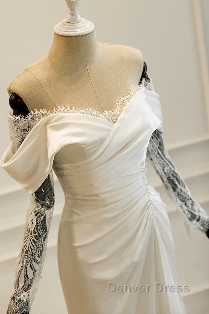 Unique Mermaid Off The Shoulder Pleats Satin Long Sleeves Wedding Dresses Brides Dresses