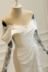 Unique Mermaid Off The Shoulder Pleats Satin Long Sleeves Wedding Dresses Brides Dresses