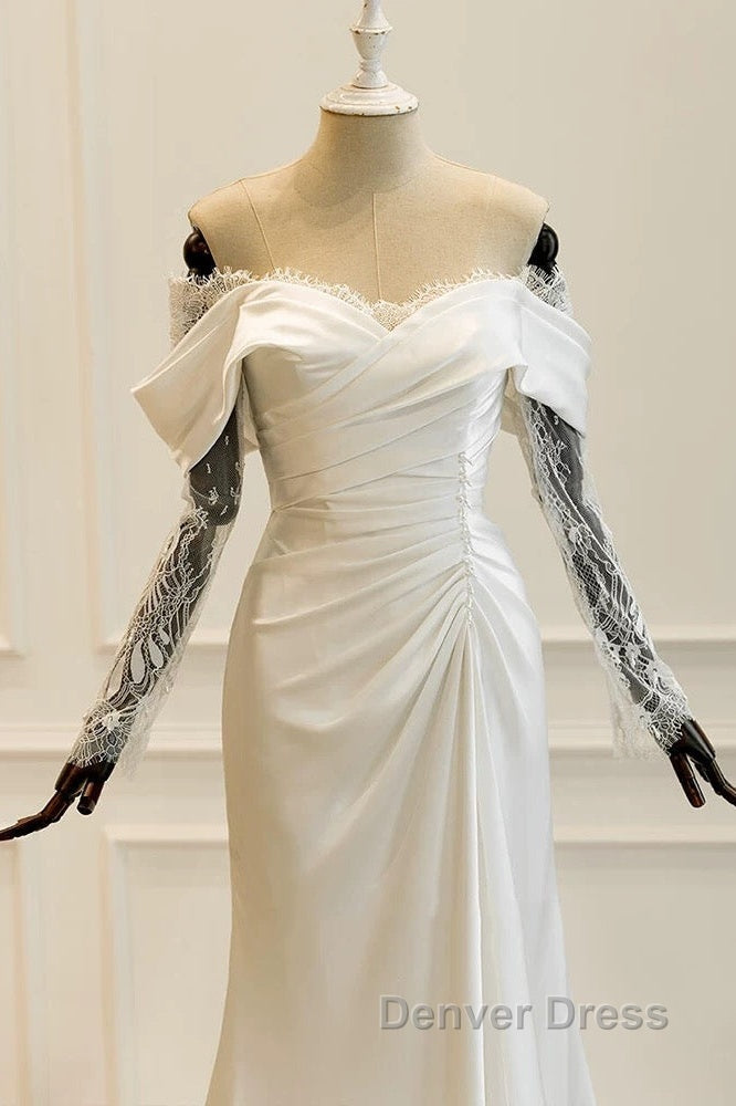 Unique Mermaid Off The Shoulder Pleats Satin Long Sleeves Wedding Dresses Brides Dresses