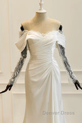 Unique Mermaid Off The Shoulder Pleats Satin Long Sleeves Wedding Dresses Brides Dresses