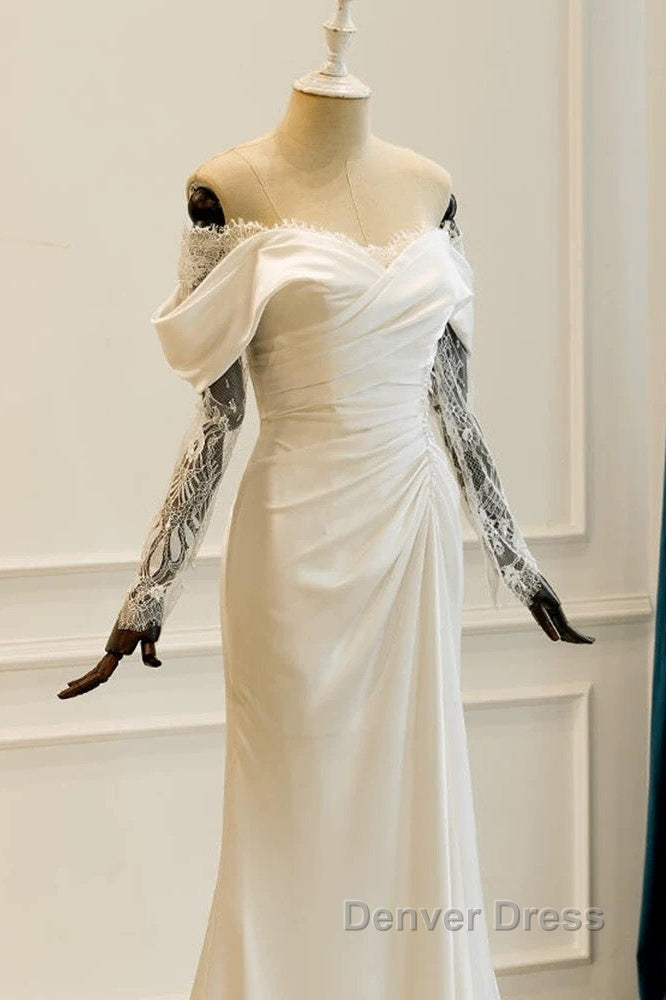 Unique Mermaid Off The Shoulder Pleats Satin Long Sleeves Wedding Dress Brides Dresses