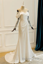 Unique Mermaid Off The Shoulder Pleats Satin Long Sleeves Wedding Dress Brides Dresses