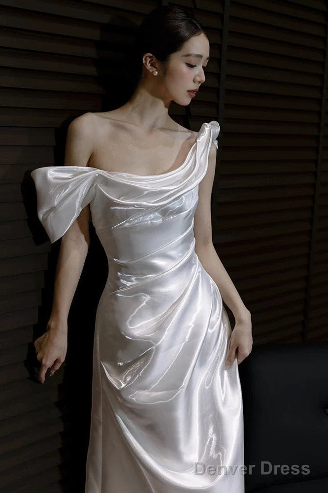 Unique Mermaid Off The Shoulder Pleats Satin Short Sleeves Wedding Dress Brides Dresses