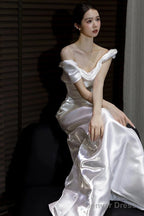 Unique Mermaid Off The Shoulder Pleats Satin Short Sleeves Wedding Dress Brides Dresses