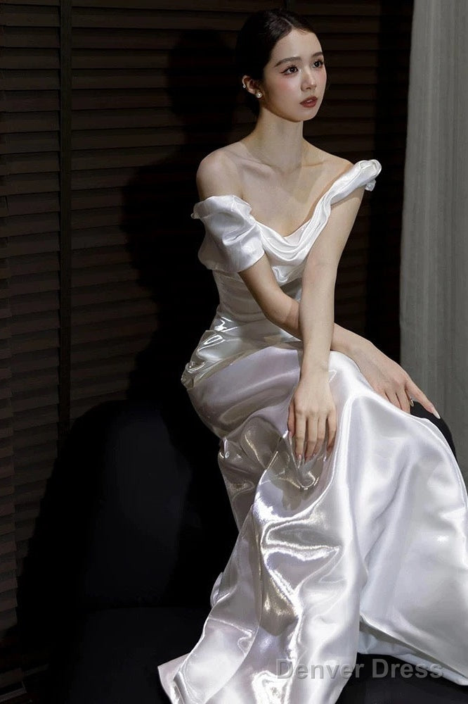 Unique Mermaid Off The Shoulder Pleats Satin Short Sleeves Wedding Dress Brides Dresses