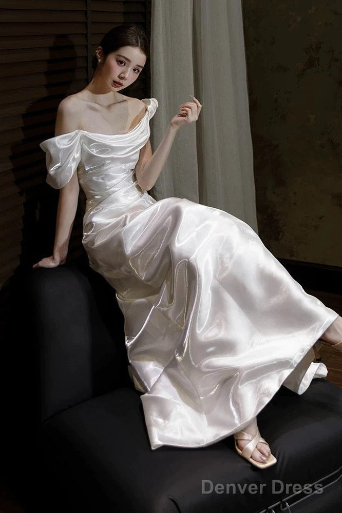 Unique Mermaid Off The Shoulder Pleats Satin Short Sleeves Wedding Dress Brides Dresses