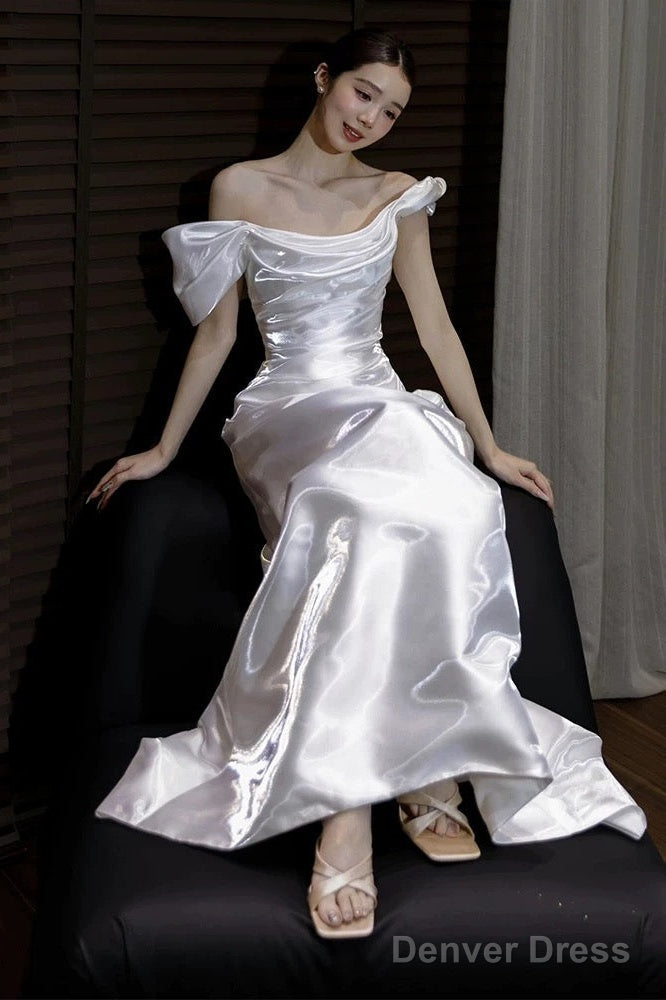 Unique Mermaid Off The Shoulder Pleats Satin Short Sleeves Wedding Dress Brides Dresses Main image