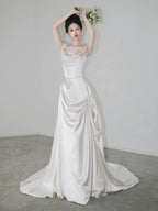 Unique Mermaid Off The Shoulder Pleats Short Sleeves Satin Ivory Wedding Dresses