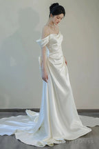 Unique Mermaid Off The Shoulder Pleats Short Sleeves Satin Wedding Dresses