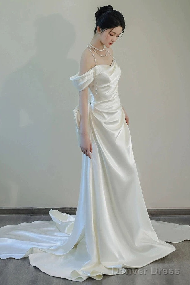 Unique Mermaid Off The Shoulder Pleats Short Sleeves Satin Wedding Dresses