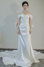 Unique Mermaid Off The Shoulder Pleats Short Sleeves Satin Wedding Dresses