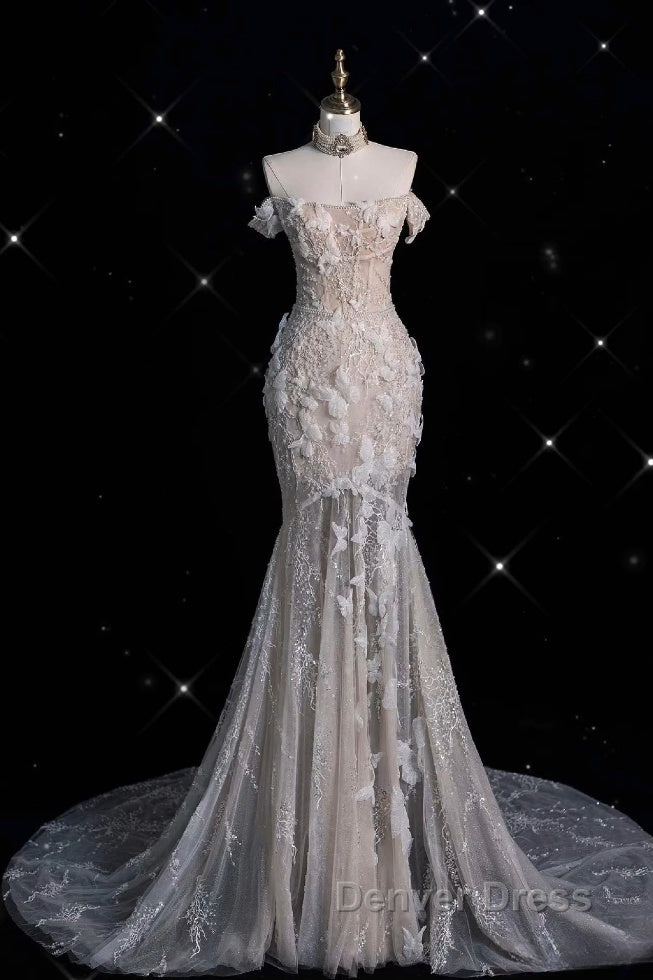 Unique Mermaid Off The Shoulder Sequin Short Sleeves Wedding Dresses Brides Dresses Secondary image