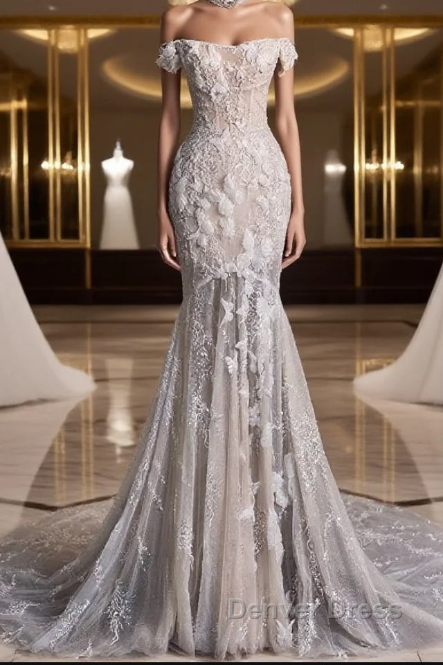 Unique Mermaid Off The Shoulder Sequin Short Sleeves Wedding Dresses Brides Dresses Main image