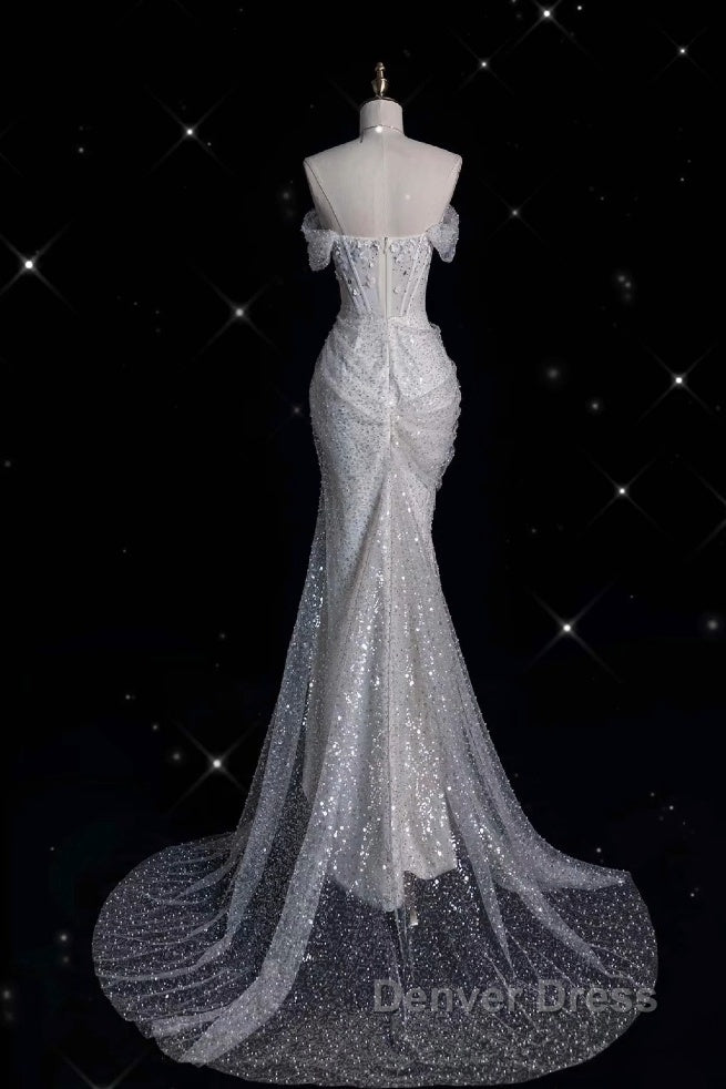 Unique Mermaid Off The Shoulder Sequin Short Sleeves White Wedding Dresses Brides Dresses