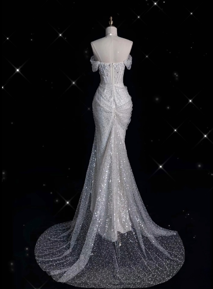 Unique Mermaid Off The Shoulder Sequin Short Sleeves White Wedding Dress Brides Dresses