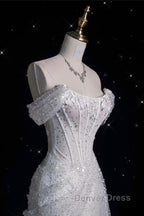 Unique Mermaid Off The Shoulder Sequin Short Sleeves White Wedding Dresses Brides Dresses