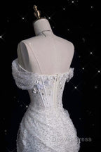 Unique Mermaid Off The Shoulder Sequin Short Sleeves White Wedding Dress Brides Dresses