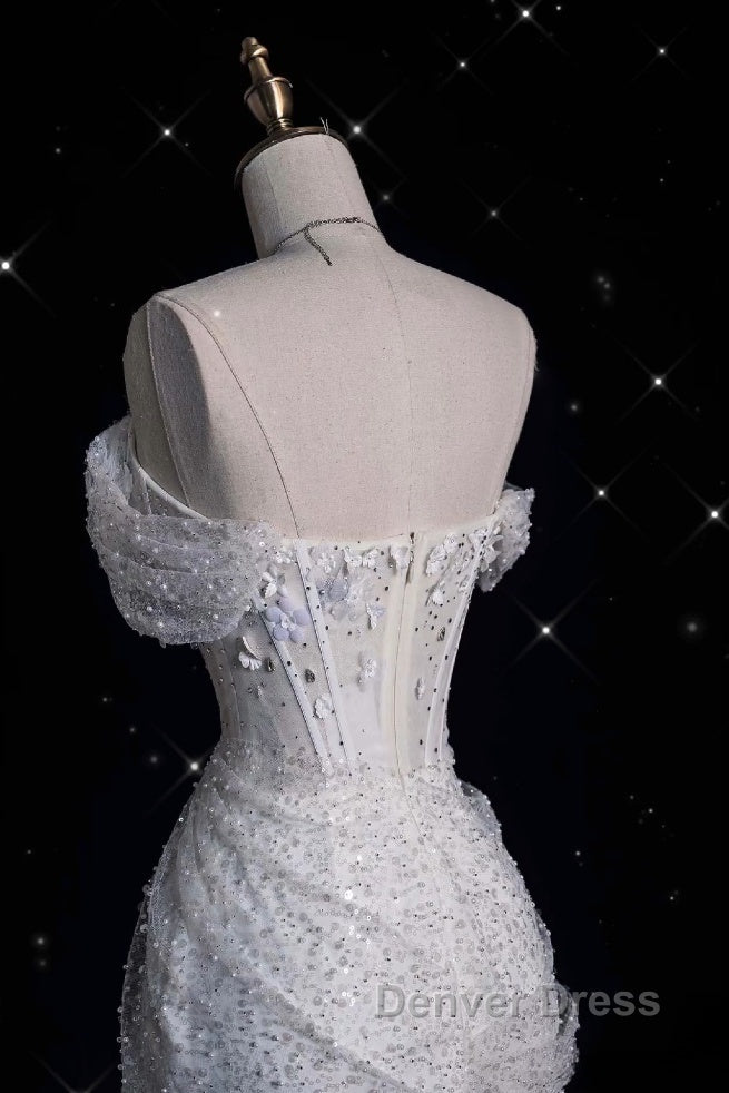 Unique Mermaid Off The Shoulder Sequin Short Sleeves White Wedding Dress Brides Dresses