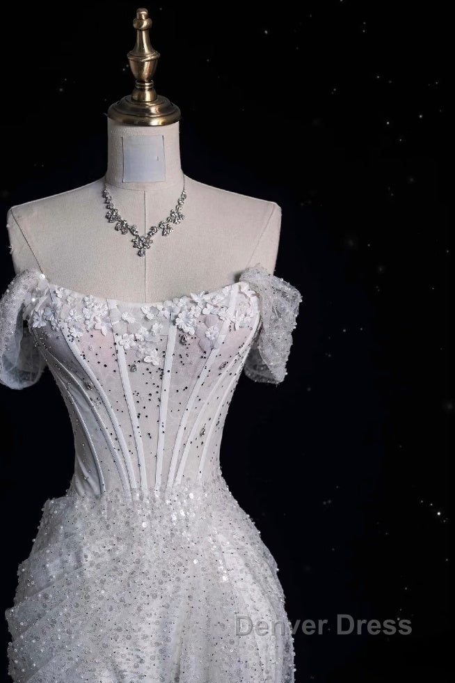 Unique Mermaid Off The Shoulder Sequin Short Sleeves White Wedding Dress Brides Dresses