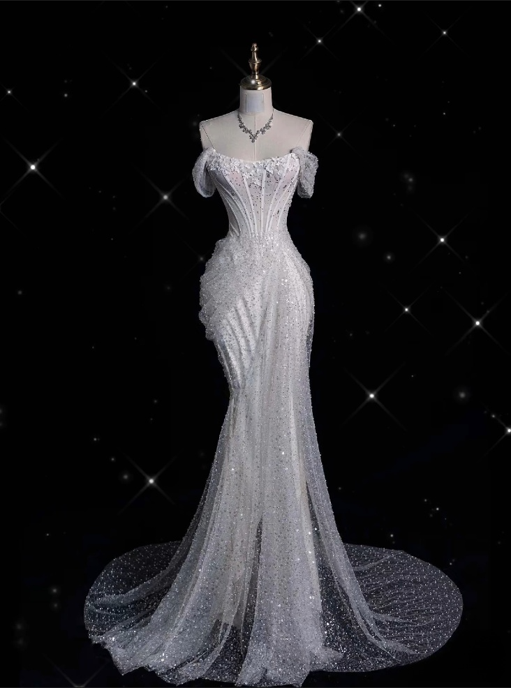 Unique Mermaid Off The Shoulder Sequin Short Sleeves White Wedding Dress Brides Dresses Main image