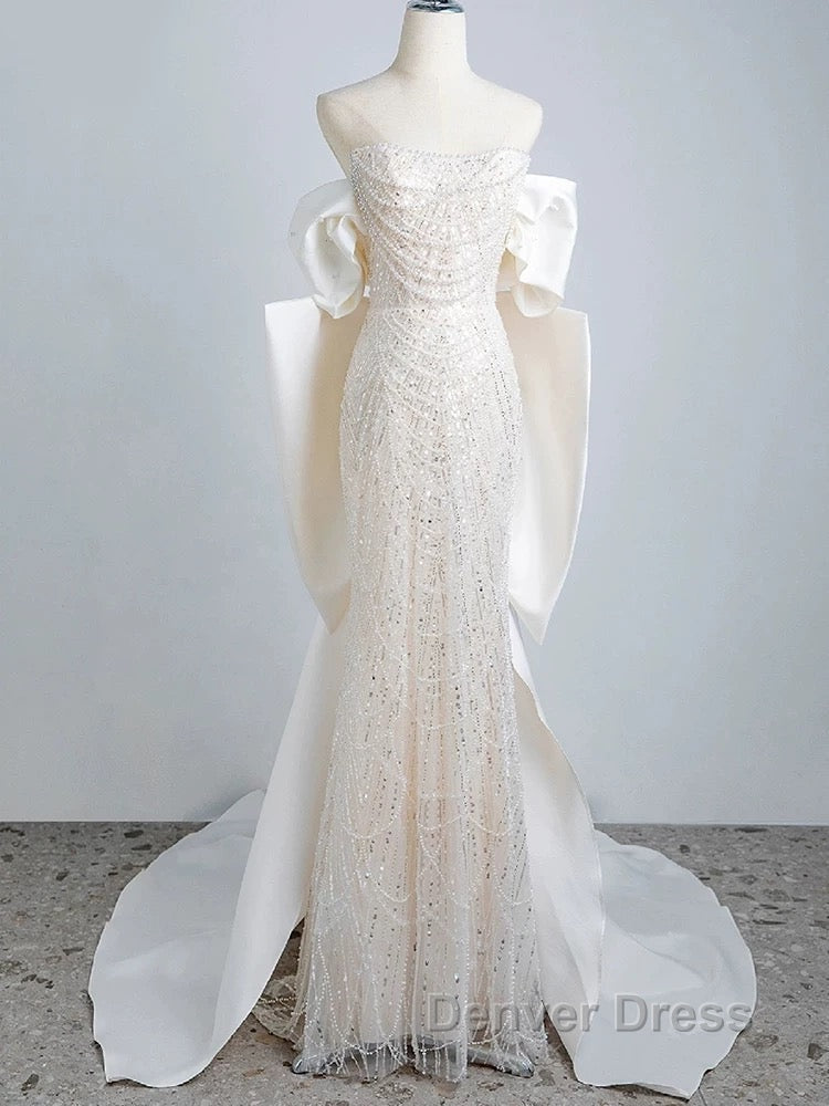 Unique Mermaid Off The Shoulder Short Sleeves Long White Sequin Wedding Dresses