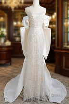 Unique Mermaid Off The Shoulder Short Sleeves Long White Sequin Wedding Dresses