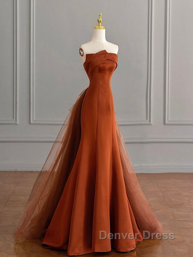 Unique Mermaid Satin Brown Long Prom Dresses, Brown Long Evening Dresses