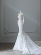 Unique Mermaid Scoop Neckline Long Sleeves Wedding Dress White Brides Dresses