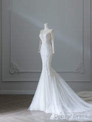 Unique Mermaid Scoop Neckline Long Sleeves Wedding Dresses White Brides Dress