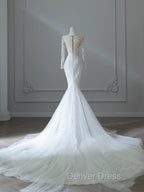 Unique Mermaid Scoop Neckline Long Sleeves Wedding Dress White Brides Dresses