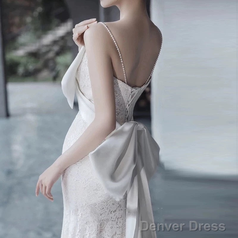 Unique Mermaid Spaghetti Straps Lace Pleats White Ruffles Wedding Dresses