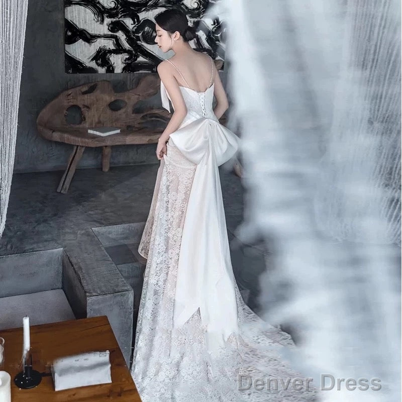 Unique Mermaid Spaghetti Straps Lace Pleats White Ruffles Wedding Dresses Main image