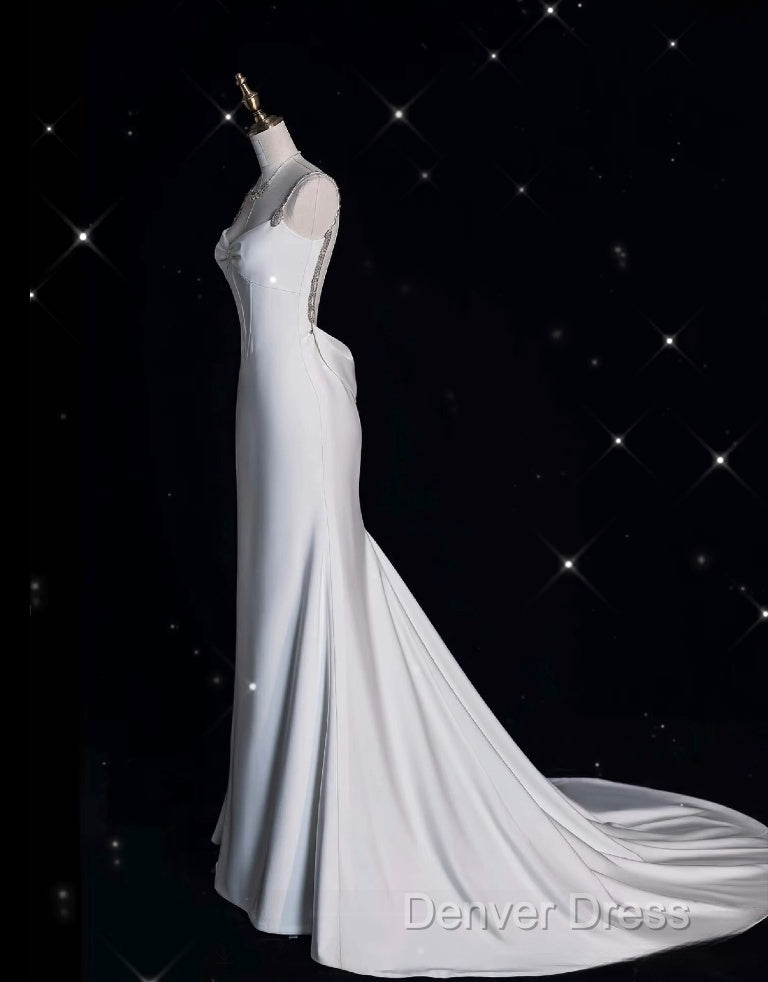Unique Mermaid Spaghetti Straps Satin White Wedding Dress Brides Dresses Secondary image