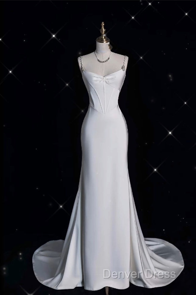 Unique Mermaid Spaghetti Straps Satin White Wedding Dress Brides Dresses