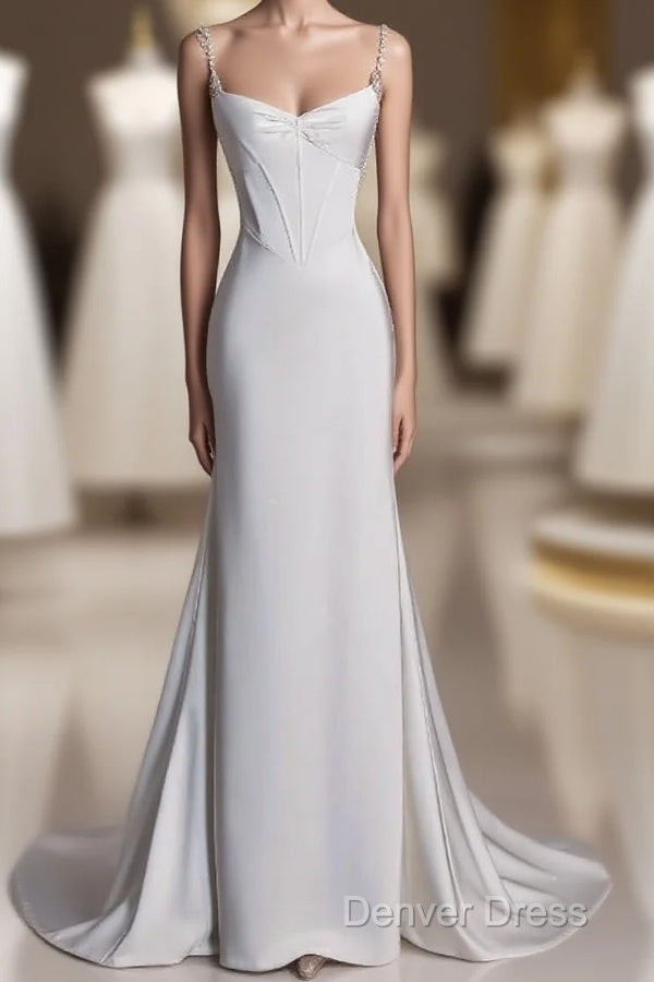 Unique Mermaid Spaghetti Straps Satin White Wedding Dress Brides Dresses