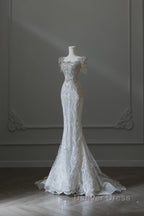 Unique Mermaid Square Neckline Short Sleeves Wedding Dress White Brides Dresses
