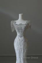 Unique Mermaid Square Neckline Short Sleeves Wedding Dresses White Brides Dresses