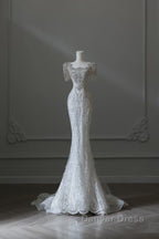 Unique Mermaid Square Neckline Short Sleeves Wedding Dresses White Brides Dresses