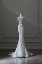 Unique Mermaid Square Neckline Short Sleeves Wedding Dress White Brides Dresses