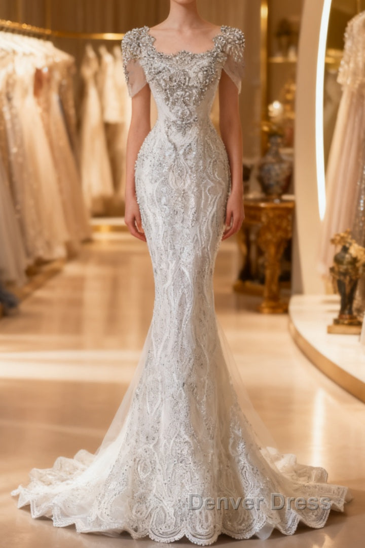 Unique Mermaid Square Neckline Short Sleeves Wedding Dresses White Brides Dresses