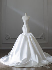 Unique Mermaid Strapless Ivory Satin Wedding Dresses Brides Dress
