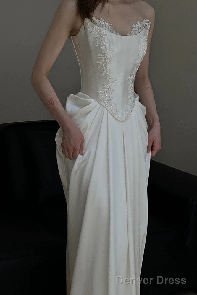 Unique Mermaid Strapless Pleats Long White Satin Lace Wedding Dresses Brides Dress Secondary image