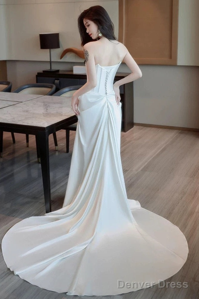 Unique Mermaid Strapless Pleats Long White Satin Lace Wedding Dresses Brides Dress