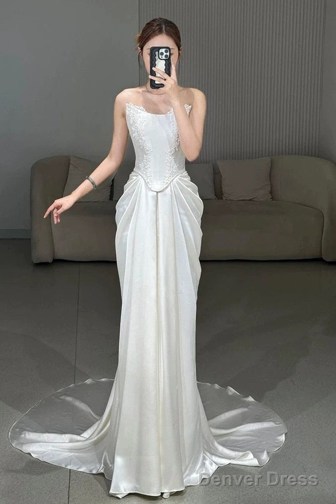Unique Mermaid Strapless Pleats Long White Satin Lace Wedding Dresses Brides Dress Main image