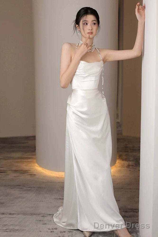 Unique Mermaid Strapless Pleats Long White Satin Wedding Dresses Secondary image