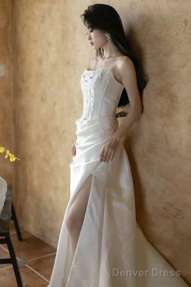 Unique Mermaid Strapless Pleats Long White Satin Wedding Dress Brides Dresses Secondary image