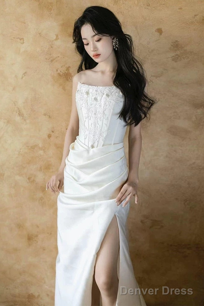 Unique Mermaid Strapless Pleats Long White Satin Wedding Dresses Brides Dress