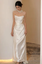 Unique Mermaid Strapless Pleats Long White Satin Wedding Dresses
